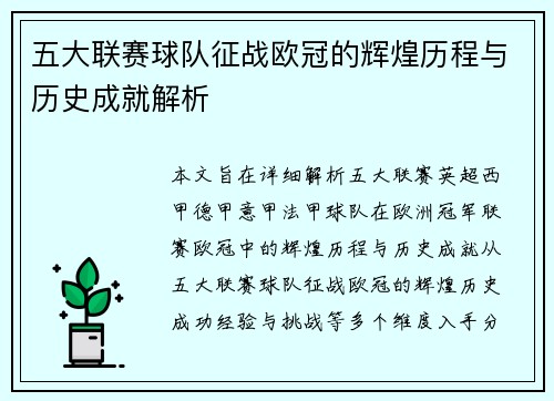 五大联赛球队征战欧冠的辉煌历程与历史成就解析